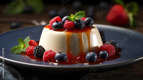 pudding or panna cotta, custard dessert plate with fresh ingredients served on restaurant or cafe table background for delicious food dessert theme