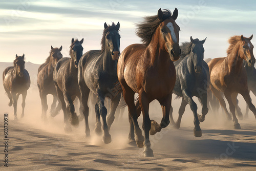Small herd of free wild brown horses running on loose sand in the desert against a cloudy overcast sky. Generative AI.