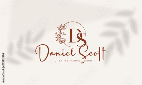 Botanical Floral element Hand Drawn Logo with Wild Flower and Leaves. Logo for spa and beauty salon, boutique, organic shop, weddings, floral design, interior, photography, and cosmetics.