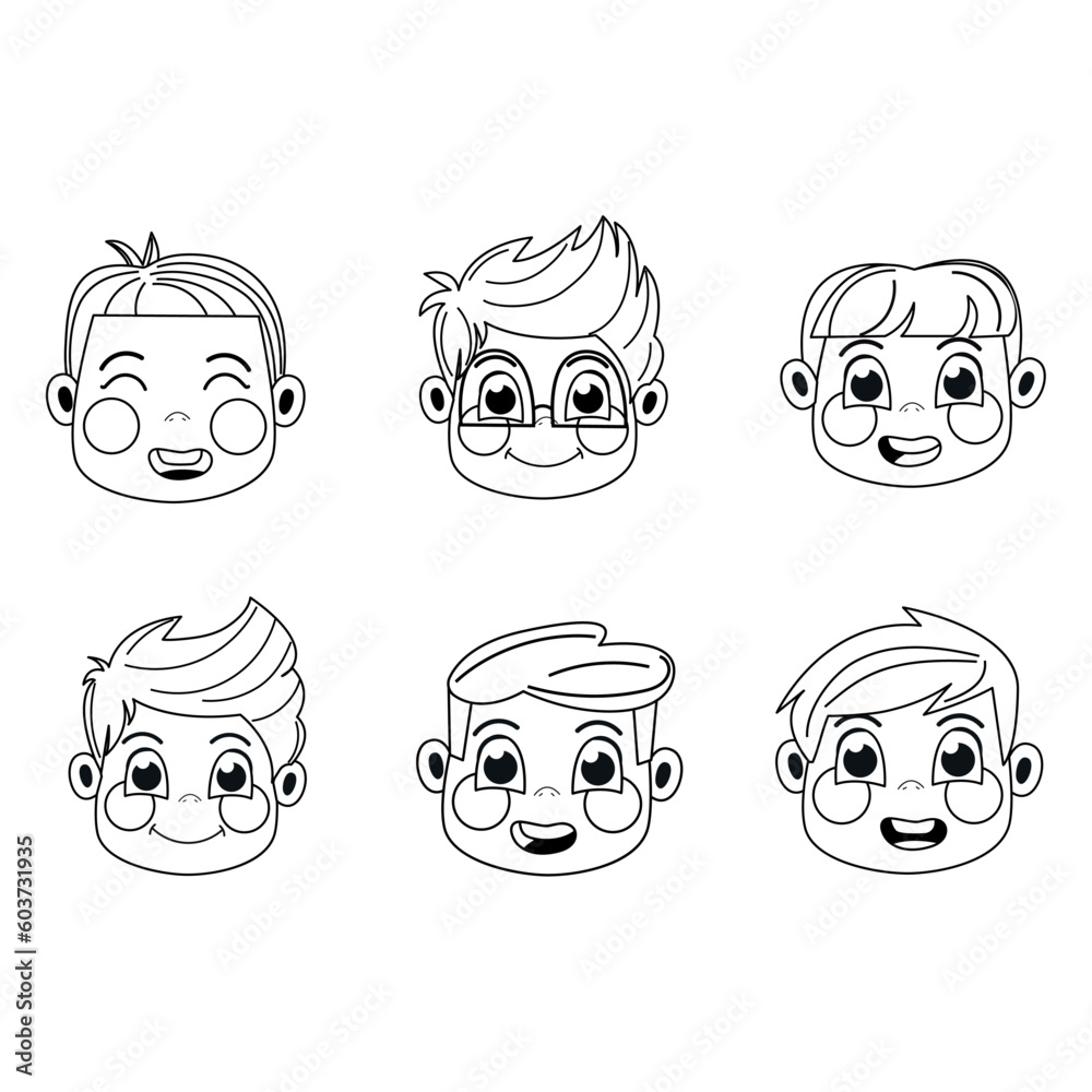 Black and white head avatars of children boys Black and white head avatars of children boys
