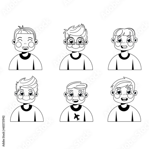 Set of avatars of cartoon children boys black and white
