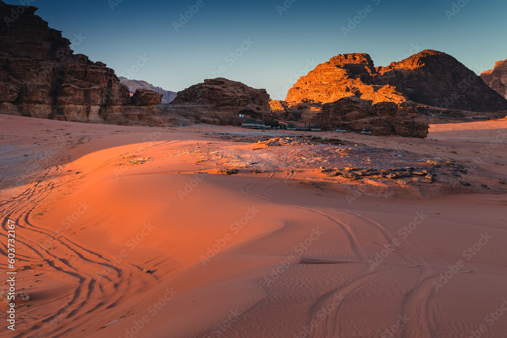 Fototapeta premium Amazing and spectacular landscapes of Wadi Rum desert in Jordan. Dunes, rocks are all Beautiful weather gives the climate to this place.