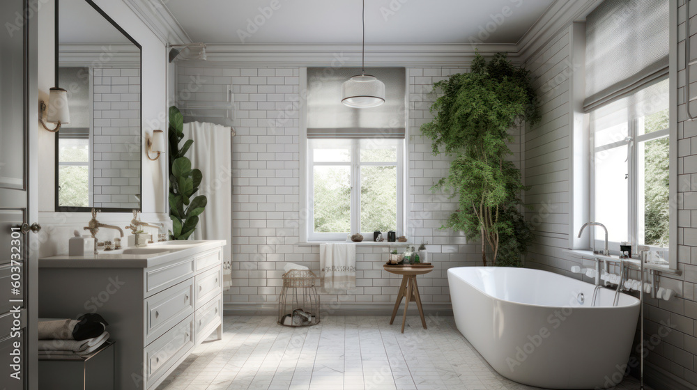Interior of a Transitional Style Bathroom with Light Tiles Interior of a Transitional Style Bathroom with Light Tiles