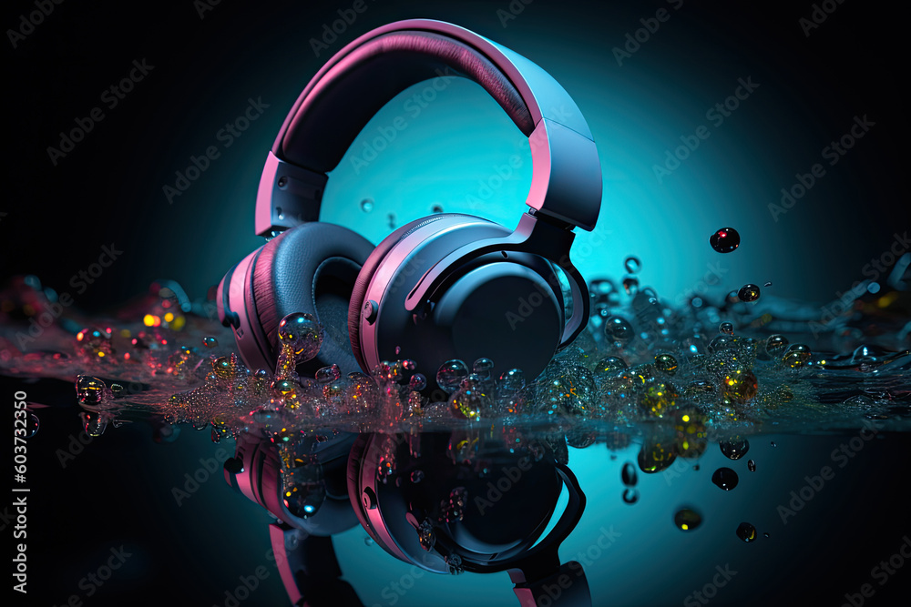 Headphones with water splashes at the gradient background. Generative AI.