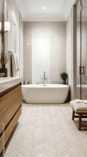 Interior of a Transitional Style Bathroom with Light Tiles