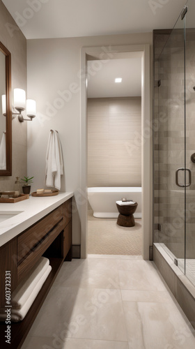 Interior of a Transitional Style Bathroom with Light Tiles