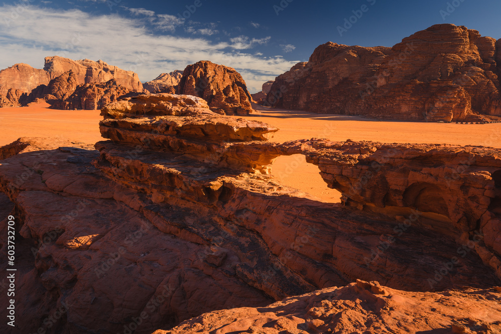 Amazing and spectacular landscapes of Wadi Rum desert in Jordan. Dunes, rocks are all Beautiful weather gives the climate to this place.