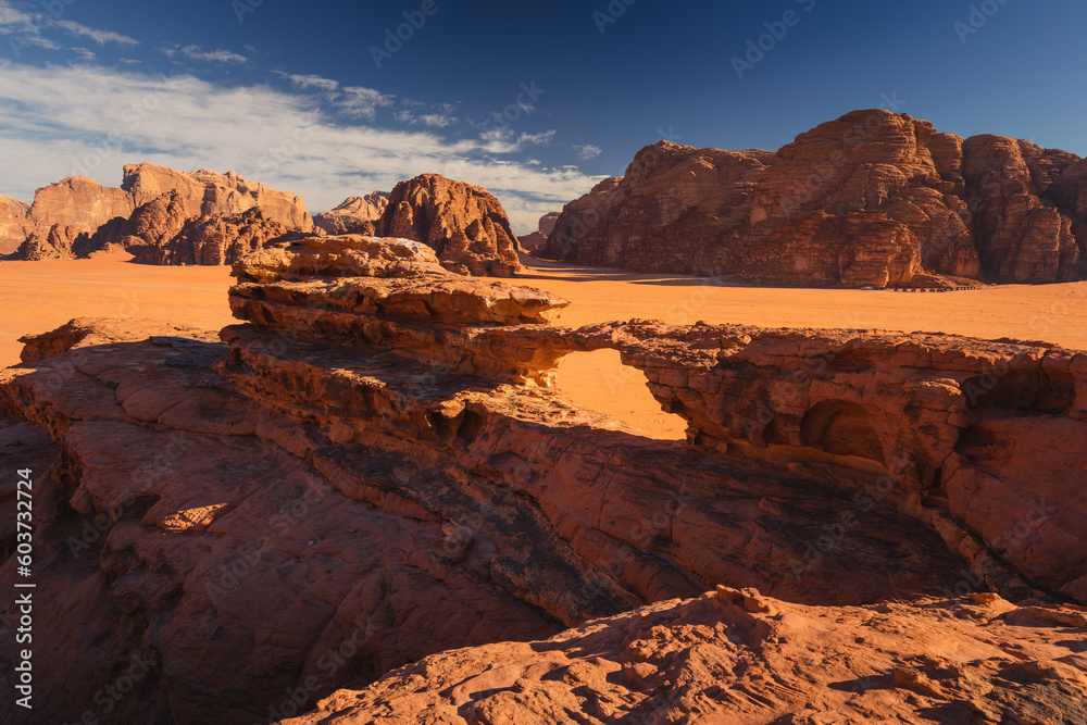 Amazing and spectacular landscapes of Wadi Rum desert in Jordan. Dunes, rocks are all Beautiful weather gives the climate to this place.