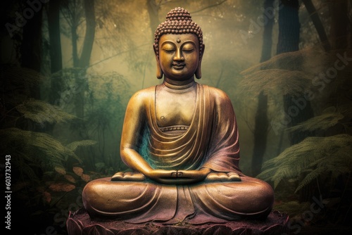 Buddha statue in the garden. Generative AI.