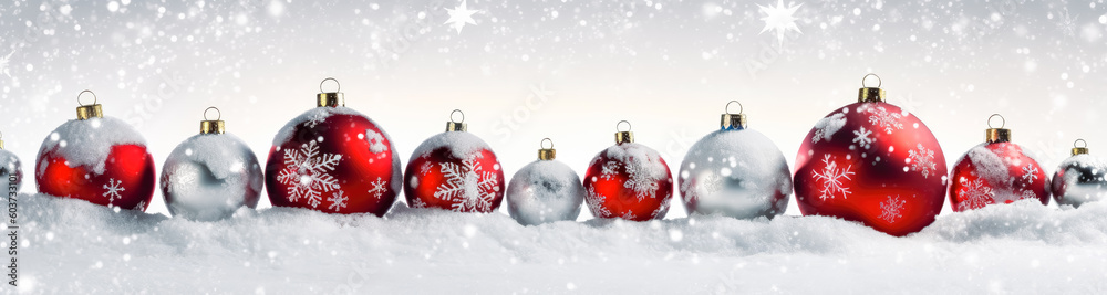 Christmas décor on snow covered ground, charismas white background, holiday banner. Generative Ai Illustration. Christmas décor on snow covered ground, charismas white background, holiday banner. Generative Ai Illustration.