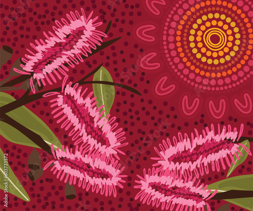 Pink bottle brush flora in indigenous painting