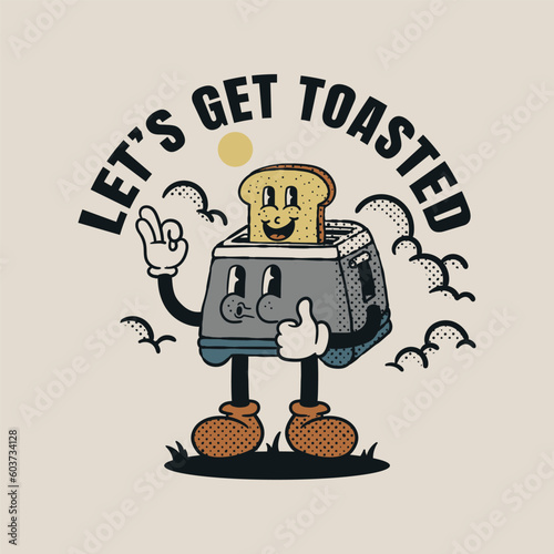 illustration of toaster and bread character cartoon in vintage style