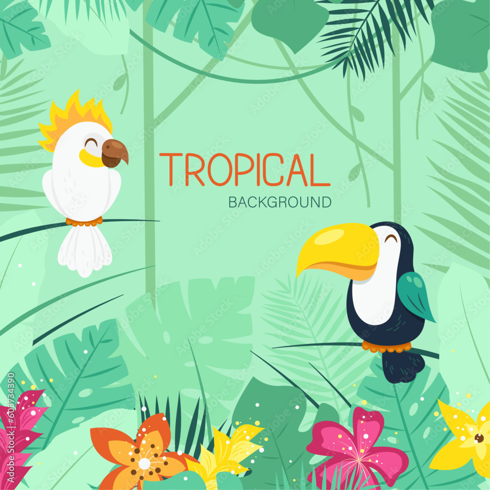 Naklejka premium Green Background With Tropical Elements