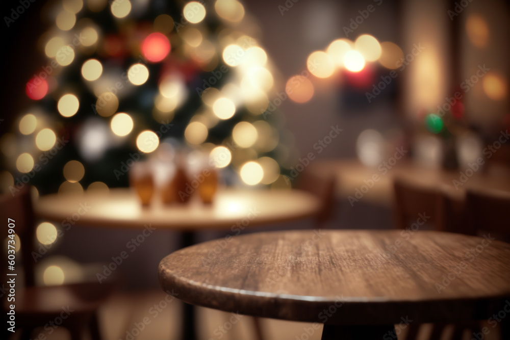 Wooden table for product display with Christmas background, generative AI Wooden table for product display with Christmas background, generative AI