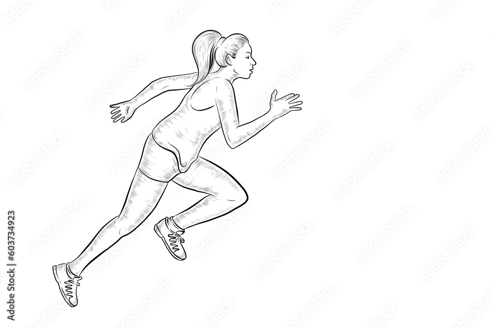 Hand Drawn Sport Concept Vector Design Retro Vintage Style hand drawn marathon runner with sport shoes Sport and Health Concept Pencil Sketch. Global Running Day Illustration Doodle Style woman Jogger