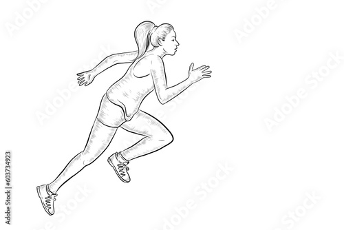 Hand Drawn Sport Concept Vector Design Retro Vintage Style hand drawn marathon runner with sport shoes Sport and Health Concept Pencil Sketch. Global Running Day Illustration Doodle Style woman Jogger