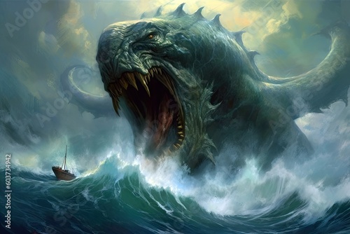 fantasy leviathan surges, its massive form causing waves to tremble, fantasy monster, Generative AI © AstralAngel