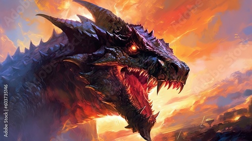 fantasy dragon roars, scales glinting under the molten sunset, Generative AI