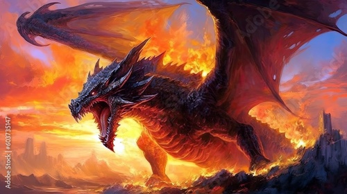 fantasy dragon roars  scales glinting under the molten sunset  Generative AI