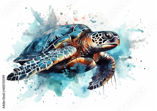 Watercolor abstract illustration of a big sea turtle .Big sea turtle in action, colorful paint splatter, isolated on white background. Generative AI.