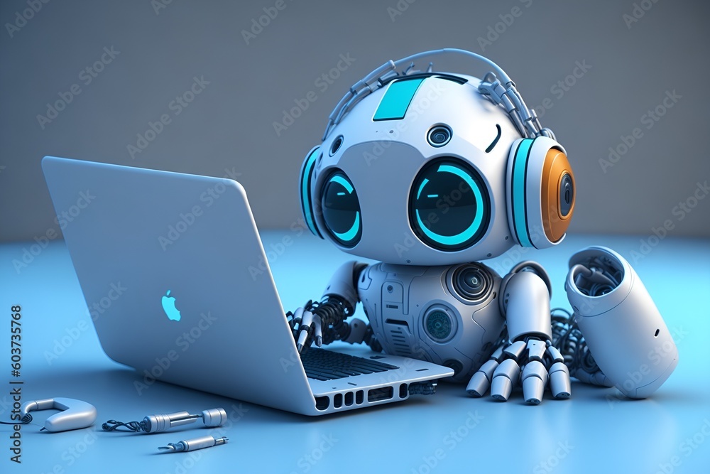 Cute mini robot typing on a Laptop. Generative AI Cute mini robot typing on a Laptop. Generative AI