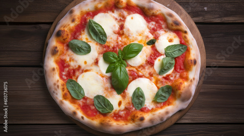 A Pizza Margherita on a Rustic Wooden Table