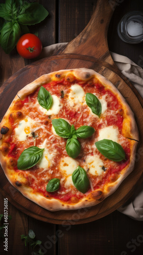 A Pizza Margherita on a Rustic Wooden Table