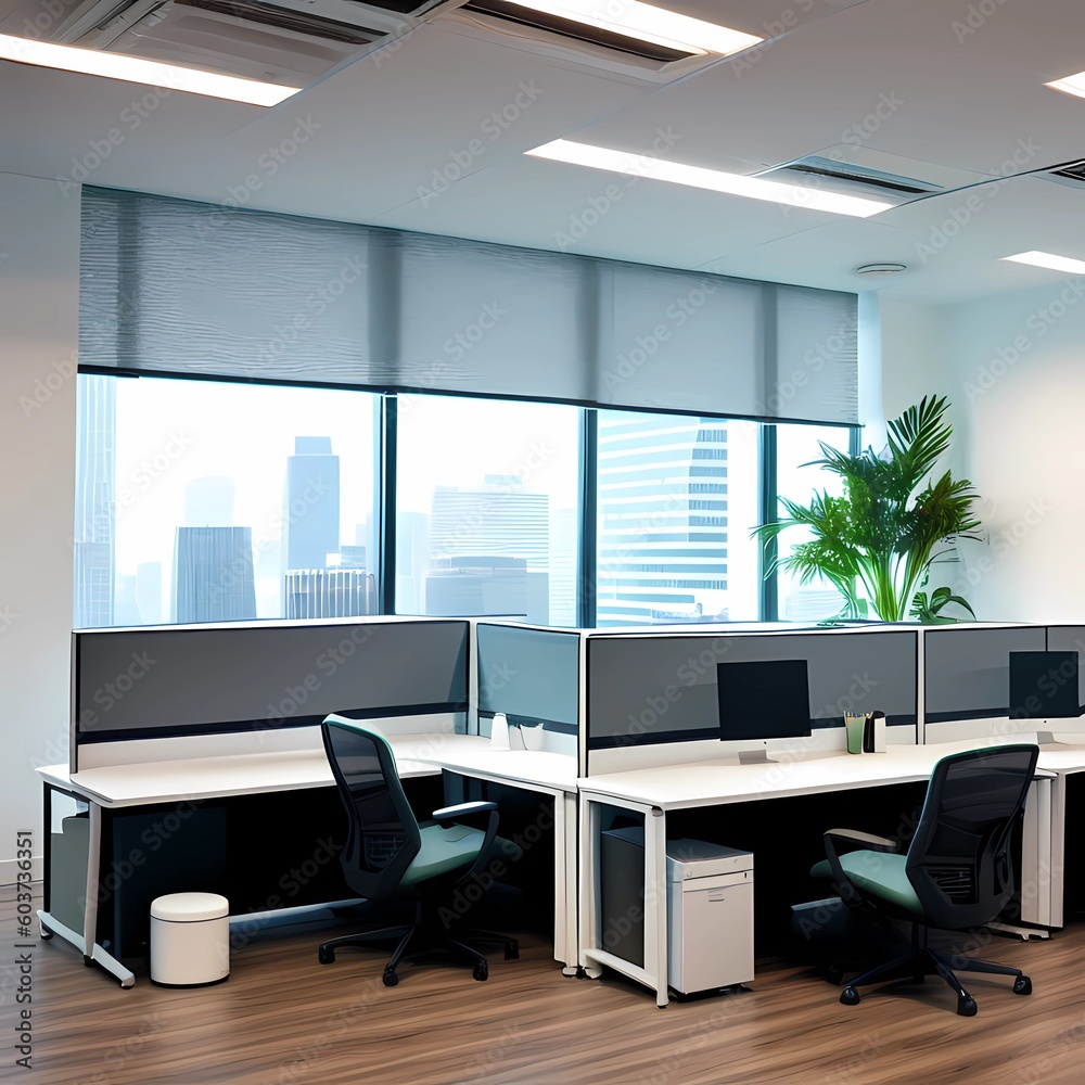 Modern office workspace. Well-lit office space with large windows and a city skyline view. It includes plants and modern desks. Modern office workspace. Well-lit office space with large windows and a city skyline view. It includes plants and modern desks.