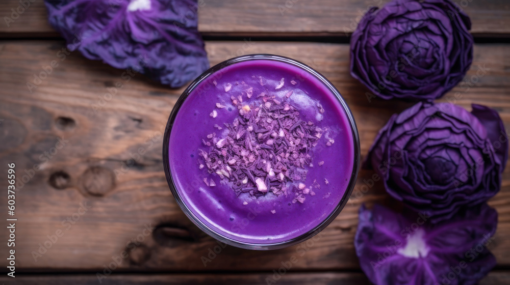 A Fresh Purple Cabbage Smoothie on a Rustic Table