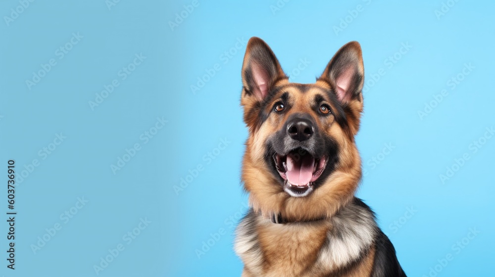 Portrait of a German Shepherd on a blue background with copy space.Generative Ai