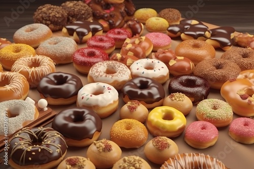 Generative AI Photo realistic a lot of mix doughnut more topping sweet food Photography 