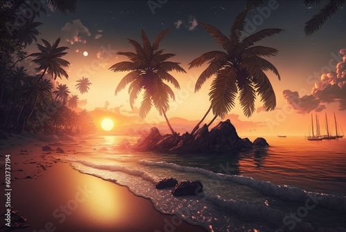 beautiful view of sunset with coconut trees. generative ai