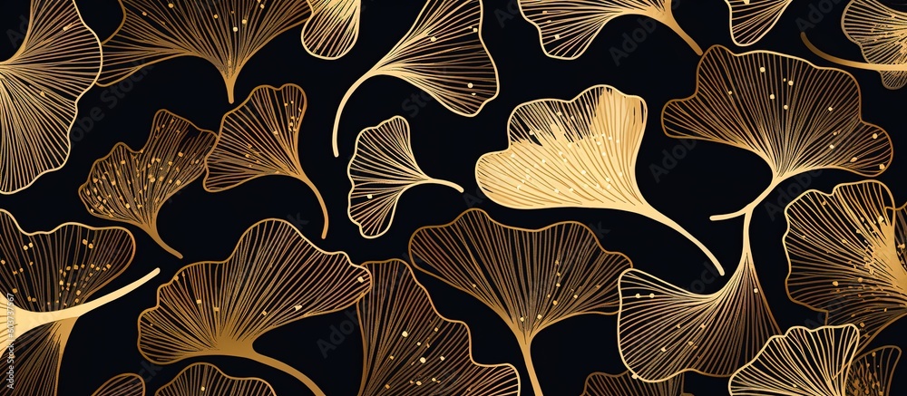 Gingko leaves on black background, gingko leaf luxury pattern in gold on black. Illustration. Generative AI.