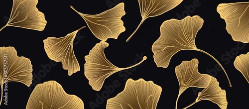 Gingko leaves on black background, gingko leaf luxury pattern in gold on black. Illustration. Generative AI.