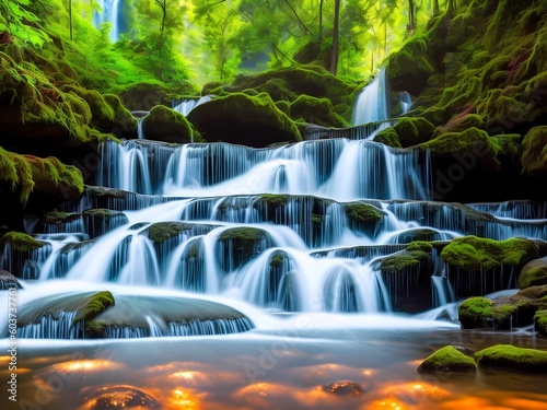 A cascading waterfall in a lush natural setting  showcasing the power and tranquility of water