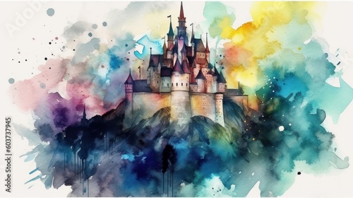 Colorful castle painting. Color watercolor painting. Generative AI