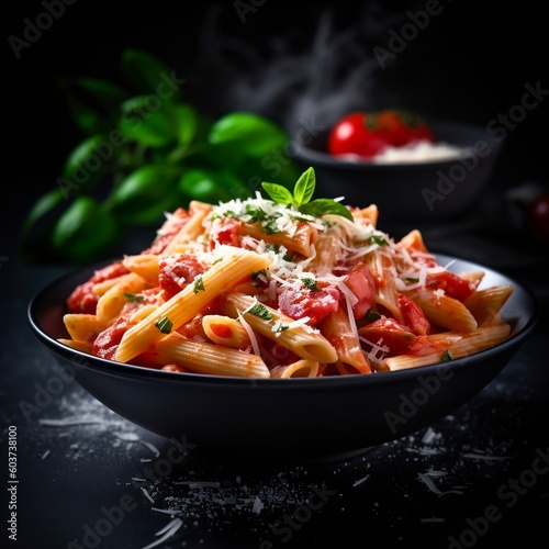 Penne pasta with tomato sauce and Parmesan cheese. AI
