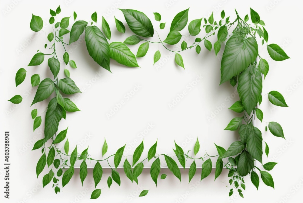 Naklejka premium Frame of green leaves on a white background. lay flat. Generative AI