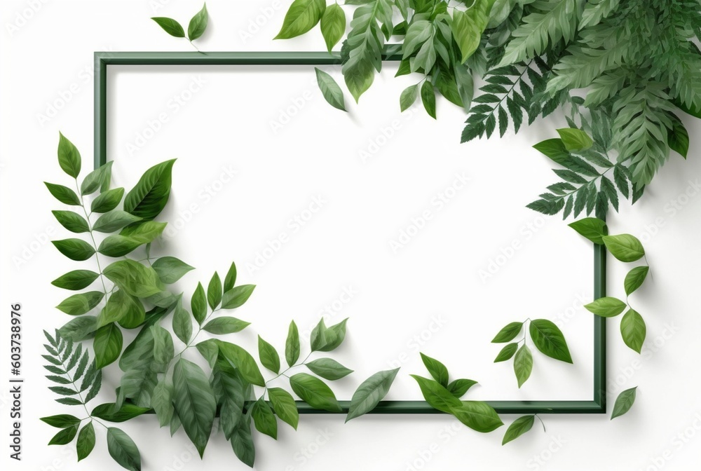Frame of green leaves on a white background. lay flat. Generative AI Frame of green leaves on a white background. lay flat. Generative AI