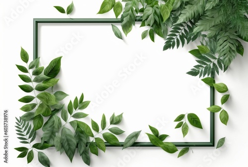 Frame of green leaves on a white background. lay flat. Generative AI