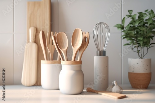 Generative AI Photo realistic baking utensil set on the minimalist food Photography 