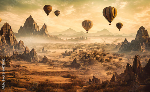 five hot air balloons floating over a mountain