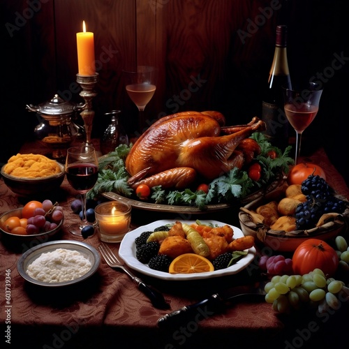 Thanksgiving and Christmas feast in the countryside. AI