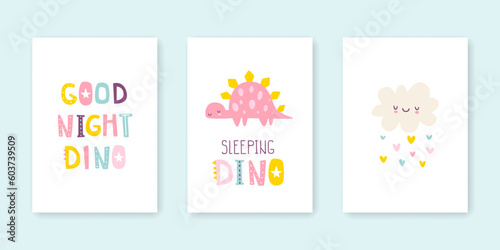 Cute poster set with sleeping dino for baby girls. Scandinavian print collection with dreaming dinosaur cloud and lettering.