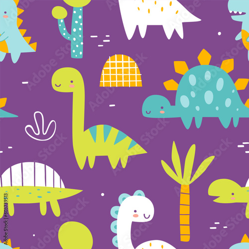 Bright jurassic pattern with cute dino. Seamless vector print with abstract dinosaurs for baby textile and fabric.