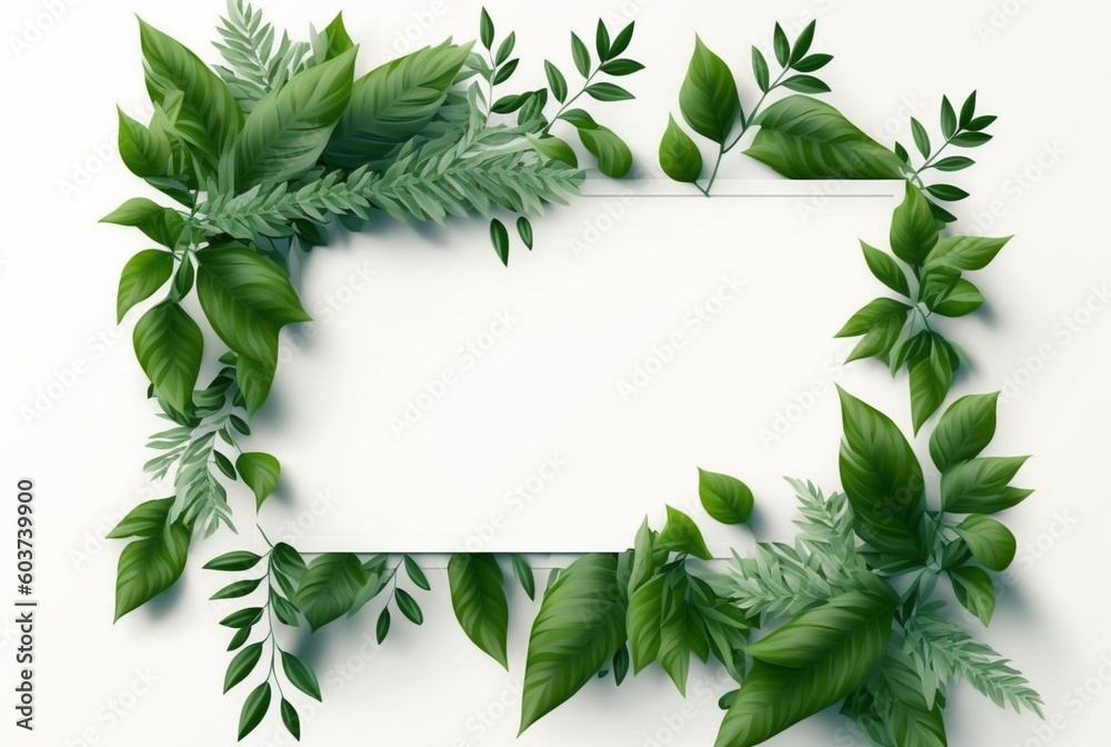 Frame of green leaves on a white background. lay flat. Generative AI