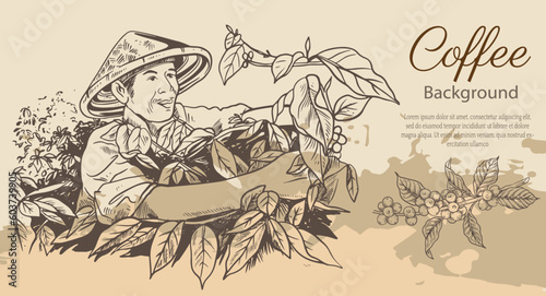 coffee farmer of ink sketch etching for label, packaging, poster. Coffee picker of drawing on vintage paper. arabica coffee of sketch drawing vintage for art print.