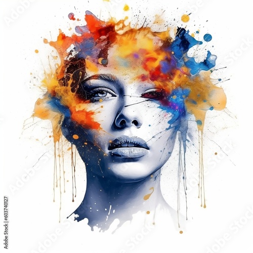Woman portrait made of colorful paint splashes on a white background. AI