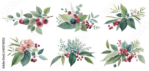 Watercolor Eucalyptus and berries set. Generative Ai