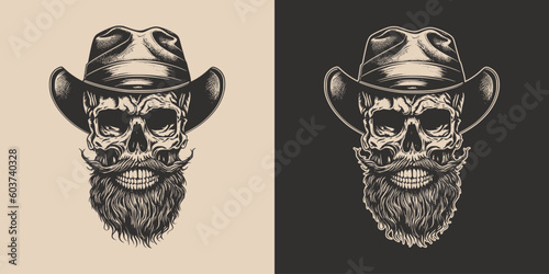 Set of vintage retro scary hipster cawboy skull in hat. Can be used like emblem, logo, badge, label. mark, poster or print. Monochrome Graphic Art. Vector. Hand drawn element in engraving